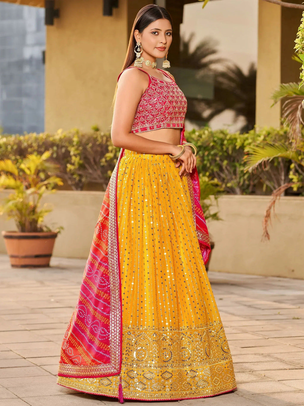 Tulsi Art Stunning Yellow Sequins Georgette Wedding Wear Lehenga Choli | Grocsy