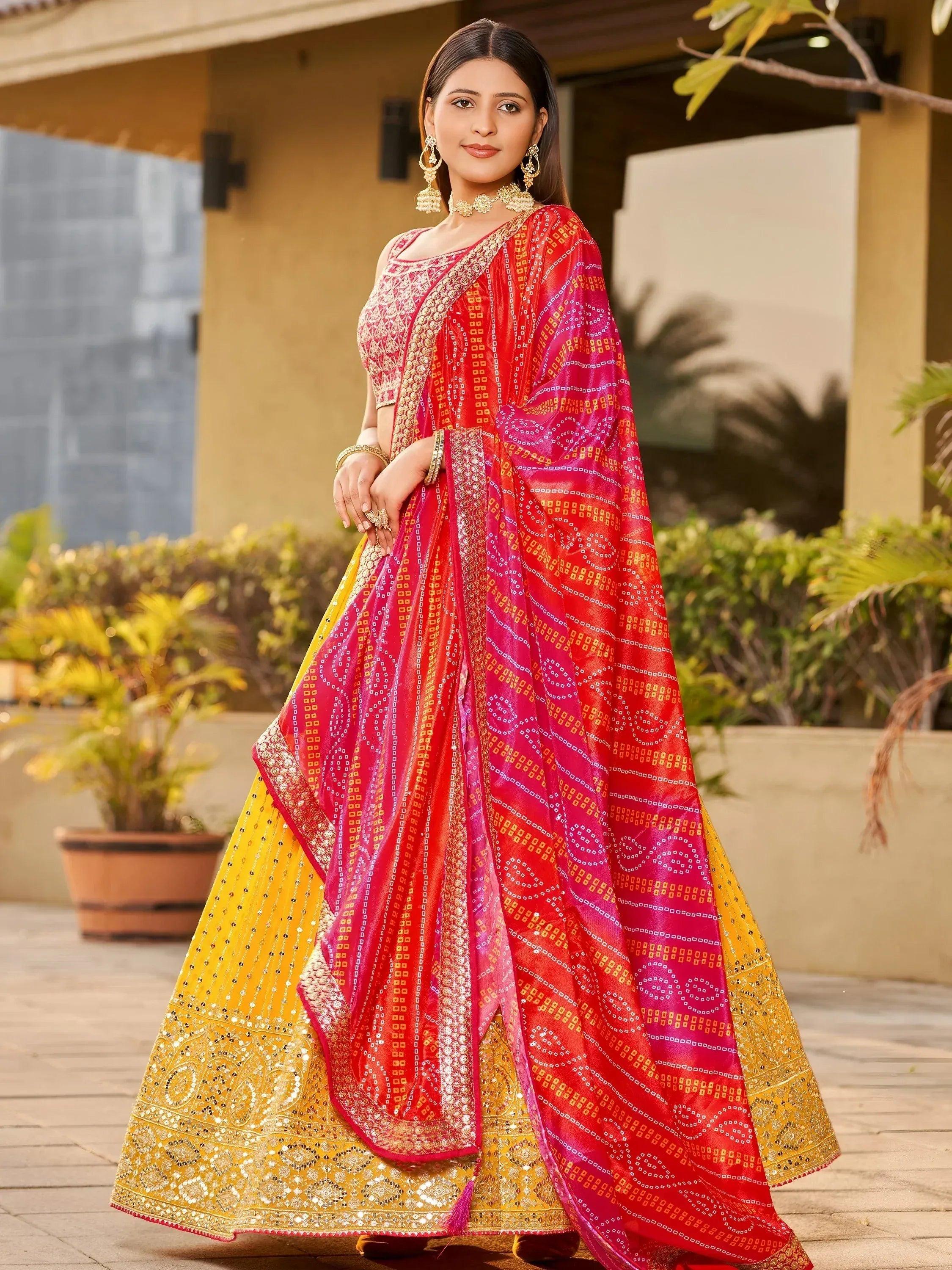 Tulsi Art Stunning Yellow Sequins Georgette Wedding Wear Lehenga Choli | Grocsy