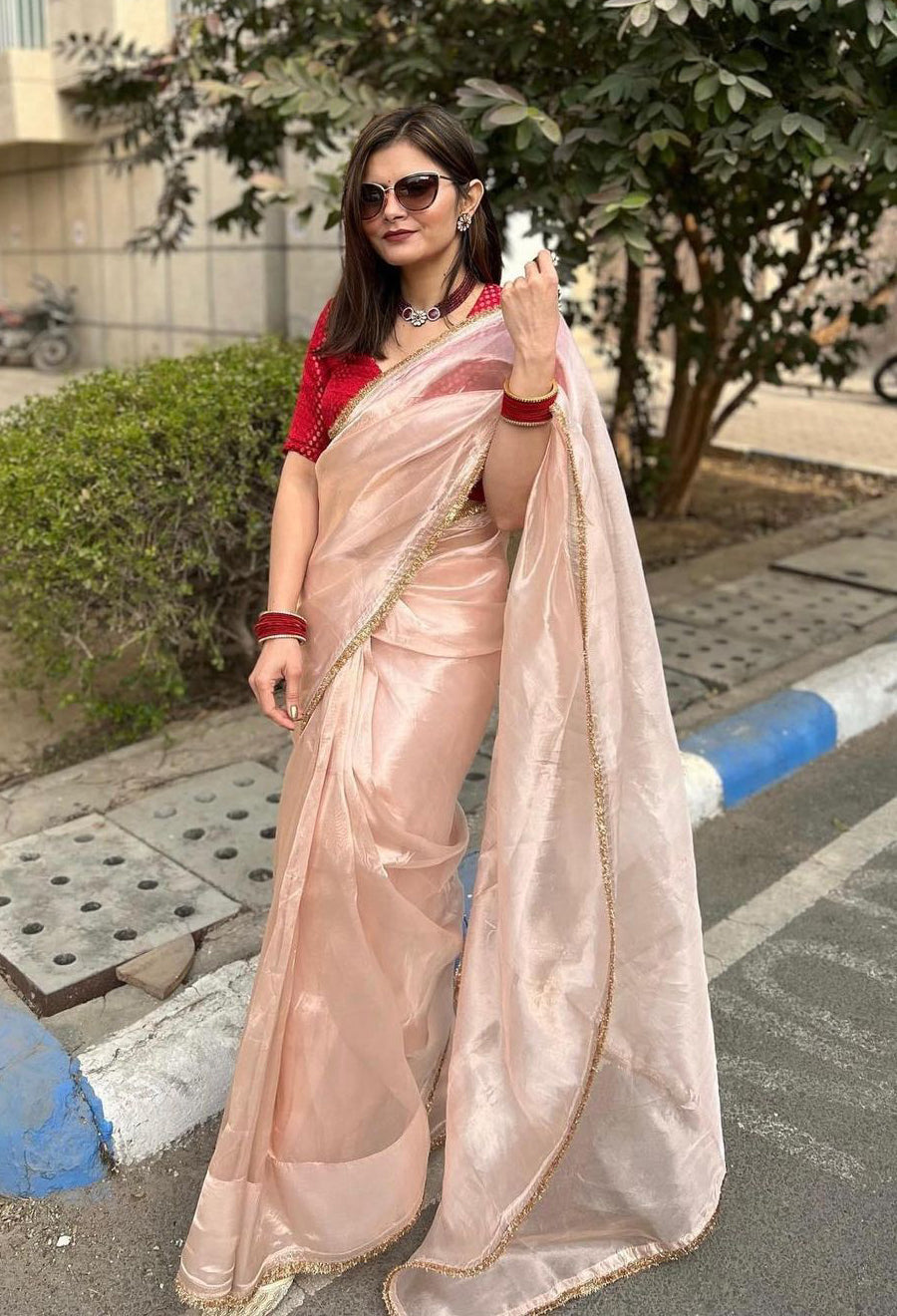 Lorenvalley Fashion Attractive Peach Crush Tissue Silk Saree With Jacquard Weaving Blouse | Grocsy