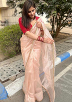 Lorenvalley Fashion Attractive Peach Crush Tissue Silk Saree With Jacquard Weaving Blouse | Grocsy