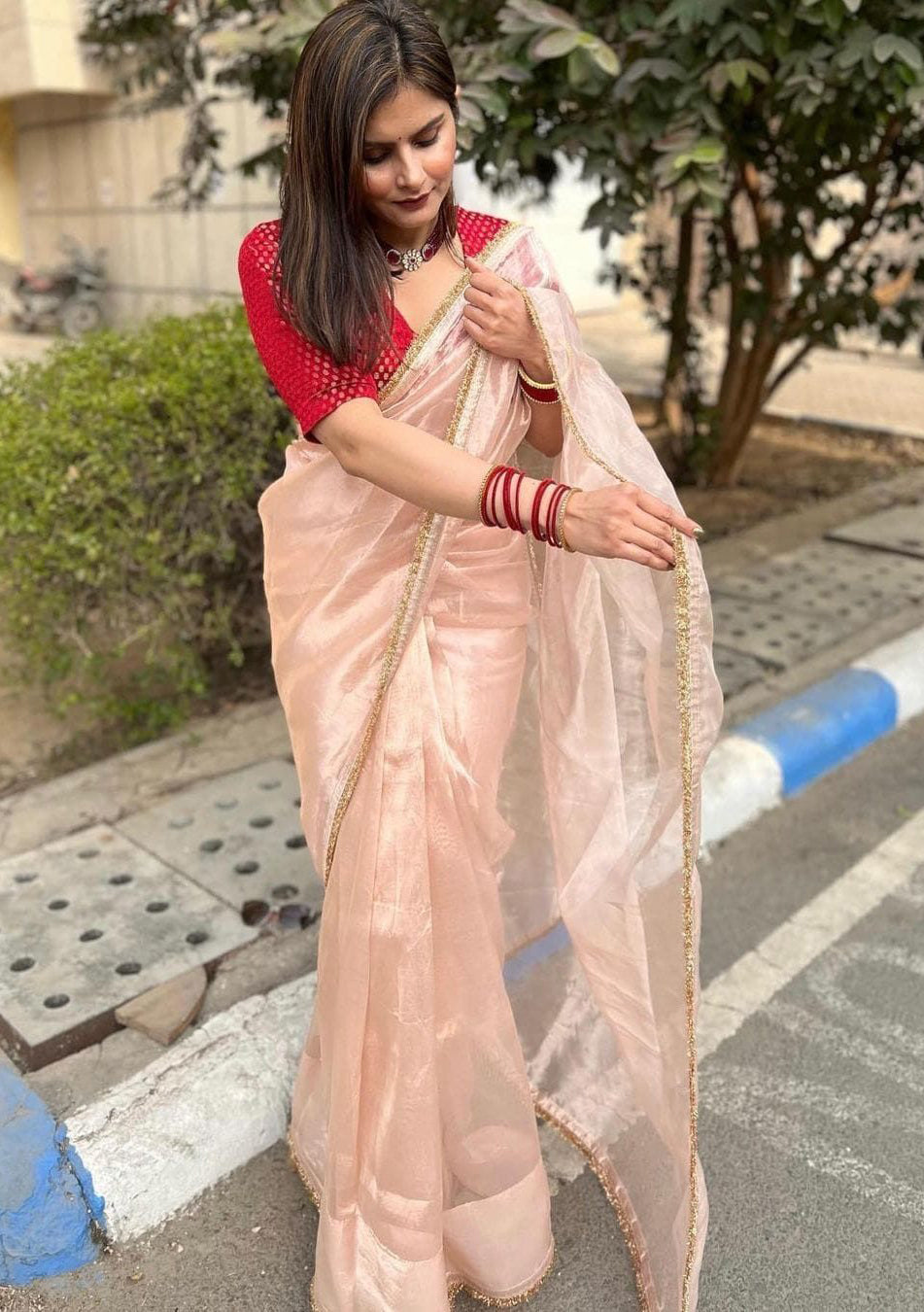 Lorenvalley Fashion Attractive Peach Crush Tissue Silk Saree With Jacquard Weaving Blouse | Grocsy