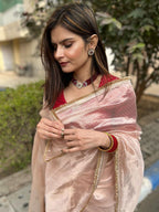 Lorenvalley Fashion Attractive Peach Crush Tissue Silk Saree With Jacquard Weaving Blouse | Grocsy