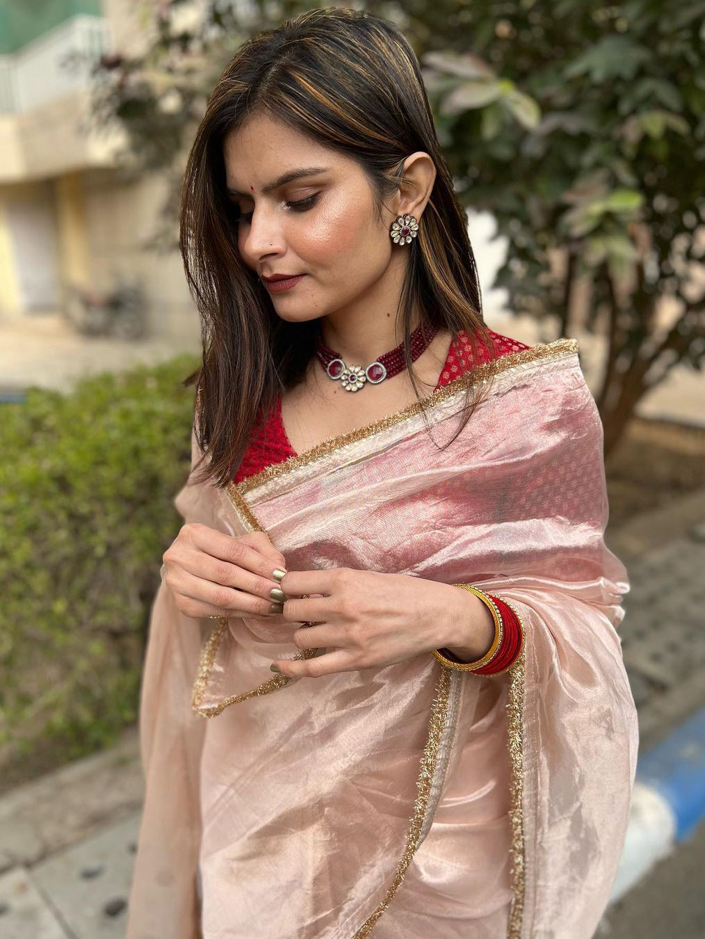 Lorenvalley Fashion Attractive Peach Crush Tissue Silk Saree With Jacquard Weaving Blouse | Grocsy