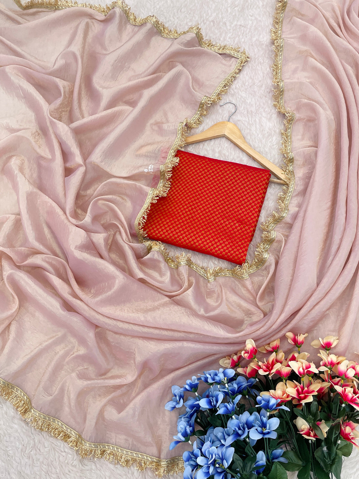 Lorenvalley Fashion Attractive Peach Crush Tissue Silk Saree With Jacquard Weaving Blouse | Grocsy