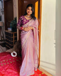 Lorenvalley Fashion Attractive Purple Crush Tissue Silk Saree With Jacquard Weaving Stitched Blouse | Grocsy