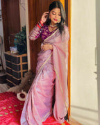 Lorenvalley Fashion Attractive Purple Crush Tissue Silk Saree With Jacquard Weaving Stitched Blouse | Grocsy