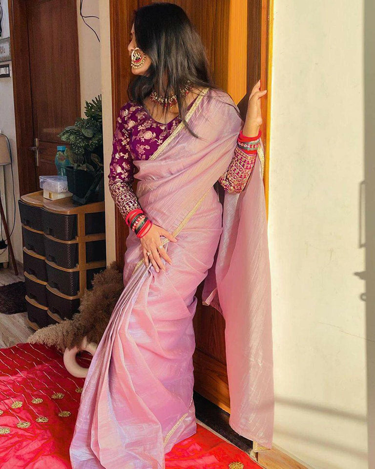 Lorenvalley Fashion Attractive Purple Crush Tissue Silk Saree With Jacquard Weaving Stitched Blouse | Grocsy