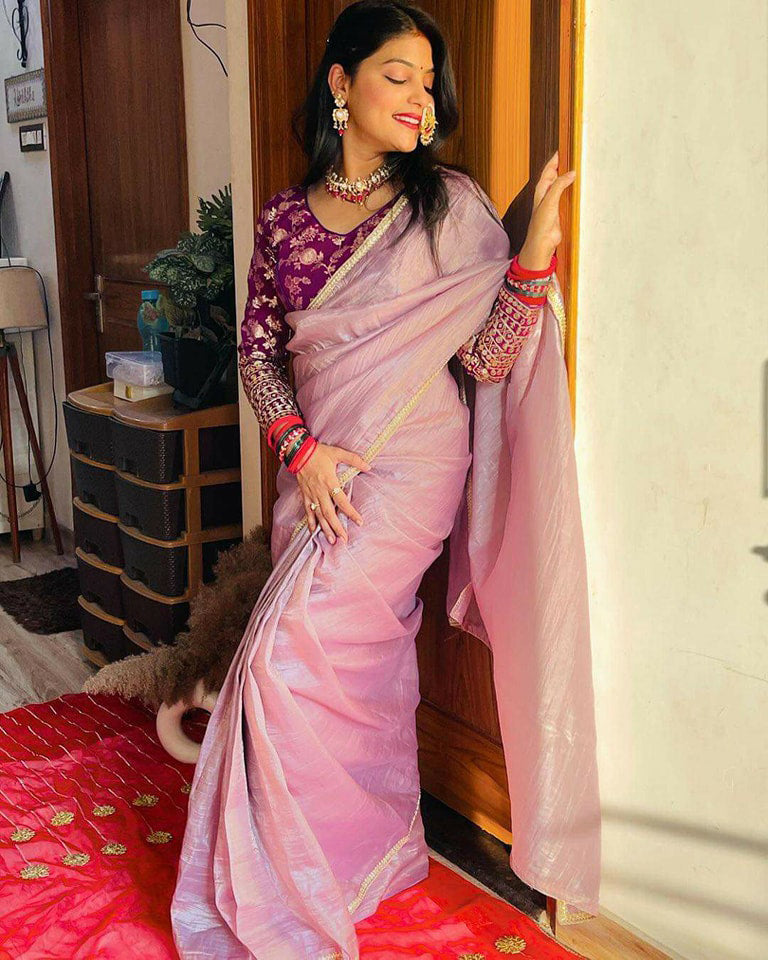 Lorenvalley Fashion Attractive Purple Crush Tissue Silk Saree With Jacquard Weaving Stitched Blouse | Grocsy