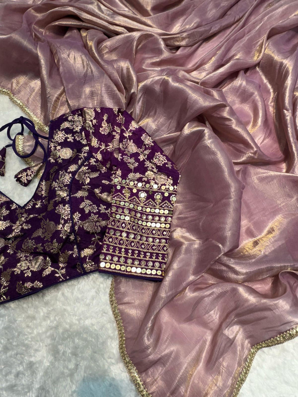 Lorenvalley Fashion Attractive Purple Crush Tissue Silk Saree With Jacquard Weaving Stitched Blouse | Grocsy