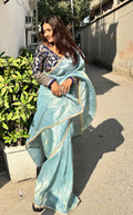 Lorenvalley Fashion Attractive Pink Crush Tissue Silk Saree With Jacquard Weaving Stitched Blouse | Grocsy