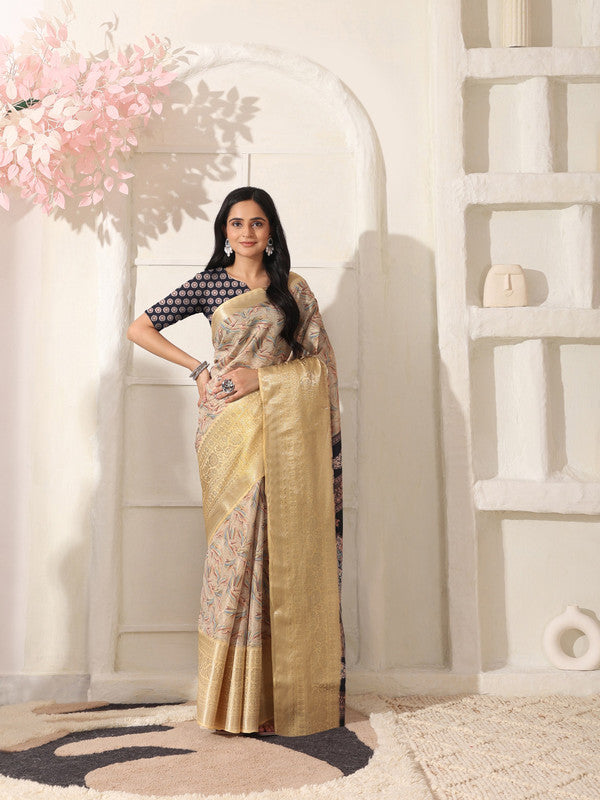 Shivam Fabrics Beige Lichi Patta Fabric Printed Saree | Grocsy