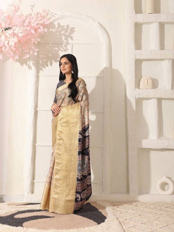 Shivam Fabrics Beige Lichi Patta Fabric Printed Saree | Grocsy