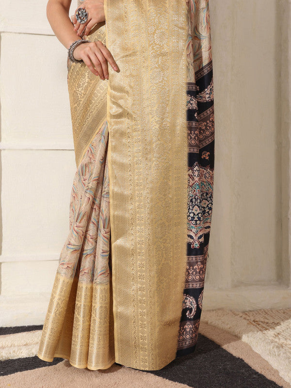 Shivam Fabrics Beige Lichi Patta Fabric Printed Saree | Grocsy