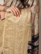 Shivam Fabrics Beige Lichi Patta Fabric Printed Saree | Grocsy