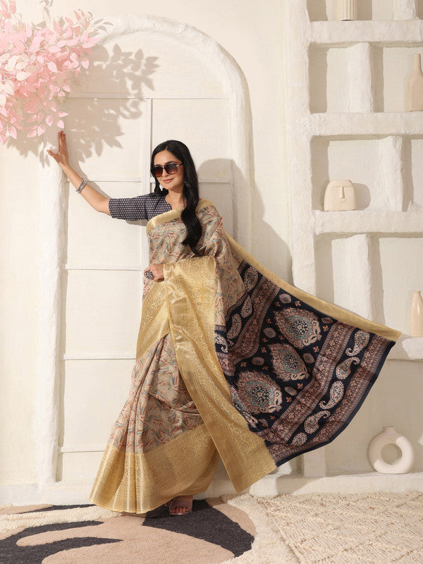 Shivam Fabrics Beige Lichi Patta Fabric Printed Saree | Grocsy