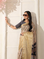 Shivam Fabrics Beige Lichi Patta Fabric Printed Saree | Grocsy