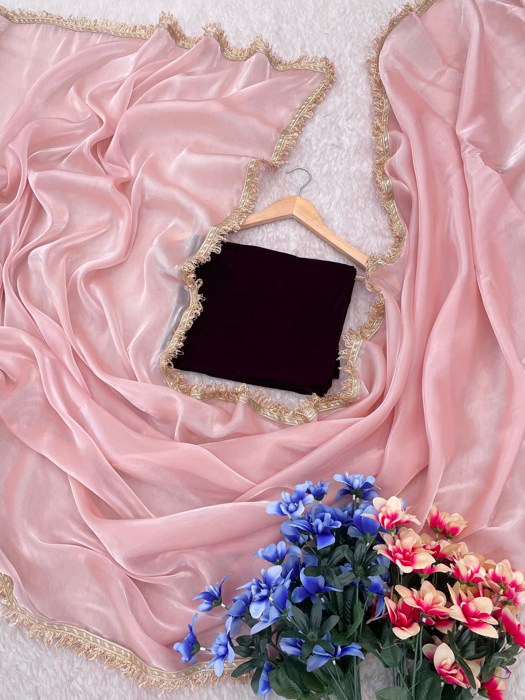Lorenvalley Fashion Pink Soft Zimmy Silk Saree With Fancy Lace | Grocsy