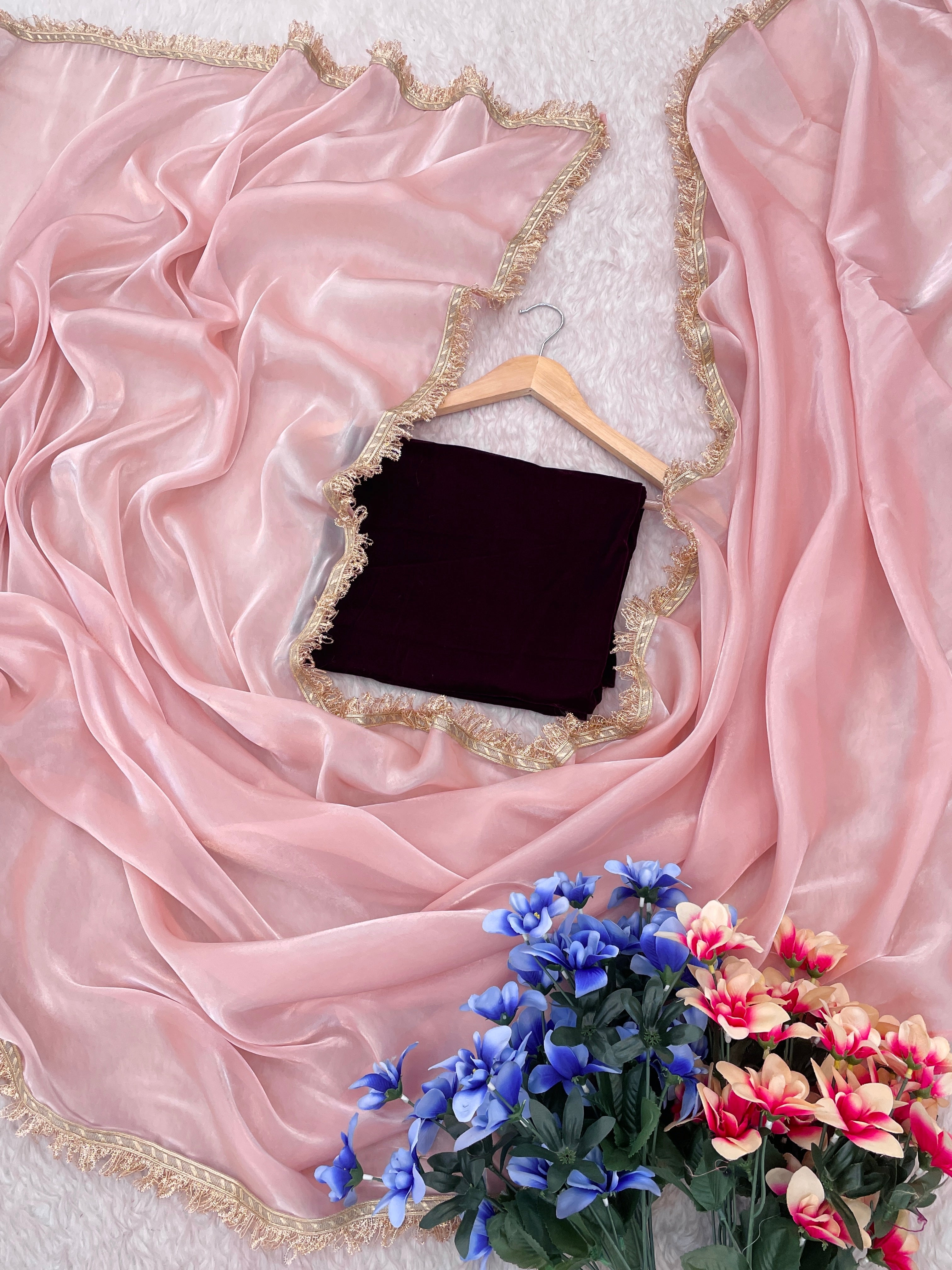 Lorenvalley Fashion Pink Soft Zimmy Silk Saree With Fancy Lace | Grocsy