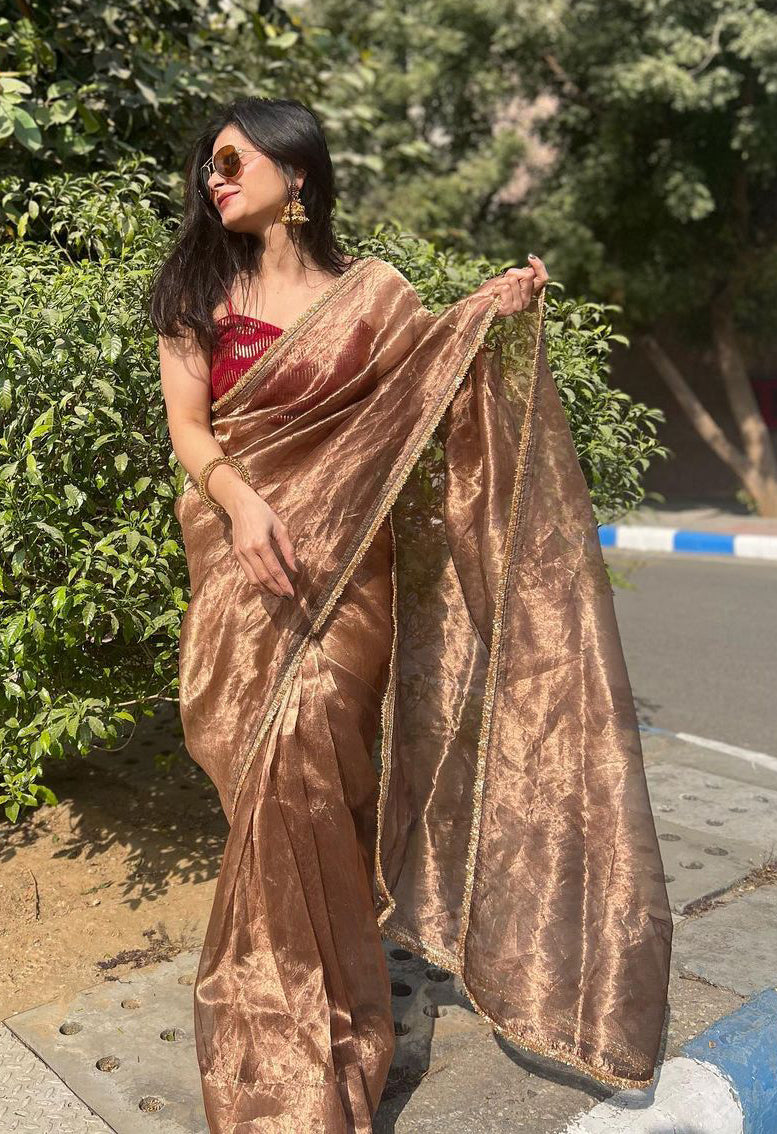 Lorenvalley Fashion Chiku Zimmy Choo Silk Fancy Lace Saree With Blouse | Grocsy