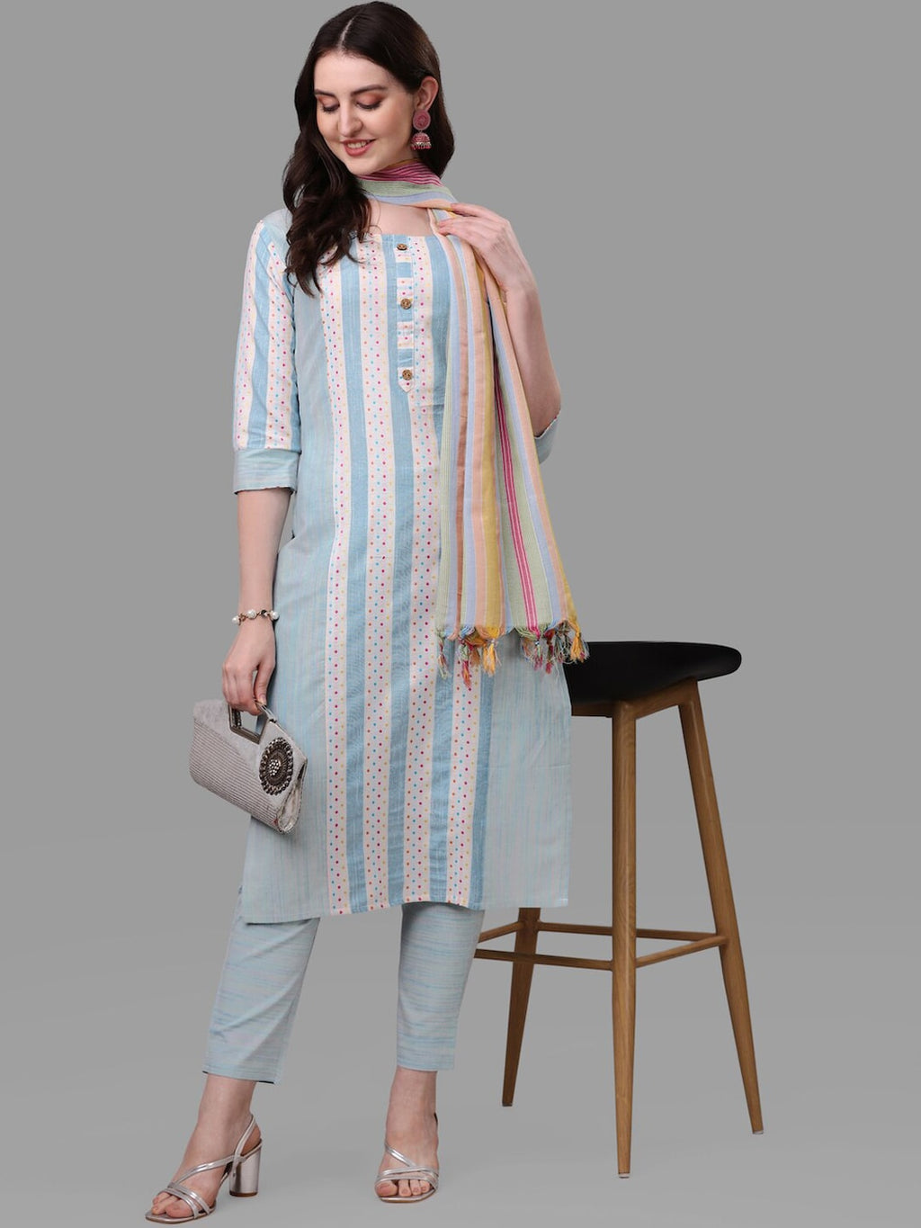 HERE&NOW Turquoise Blue Striped Regular Pure Cotton Kurta with Trousers & With Dupatta | Grocsy