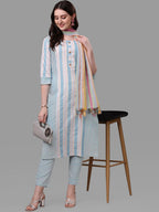 HERE&NOW Turquoise Blue Striped Regular Pure Cotton Kurta with Trousers & With Dupatta | Grocsy