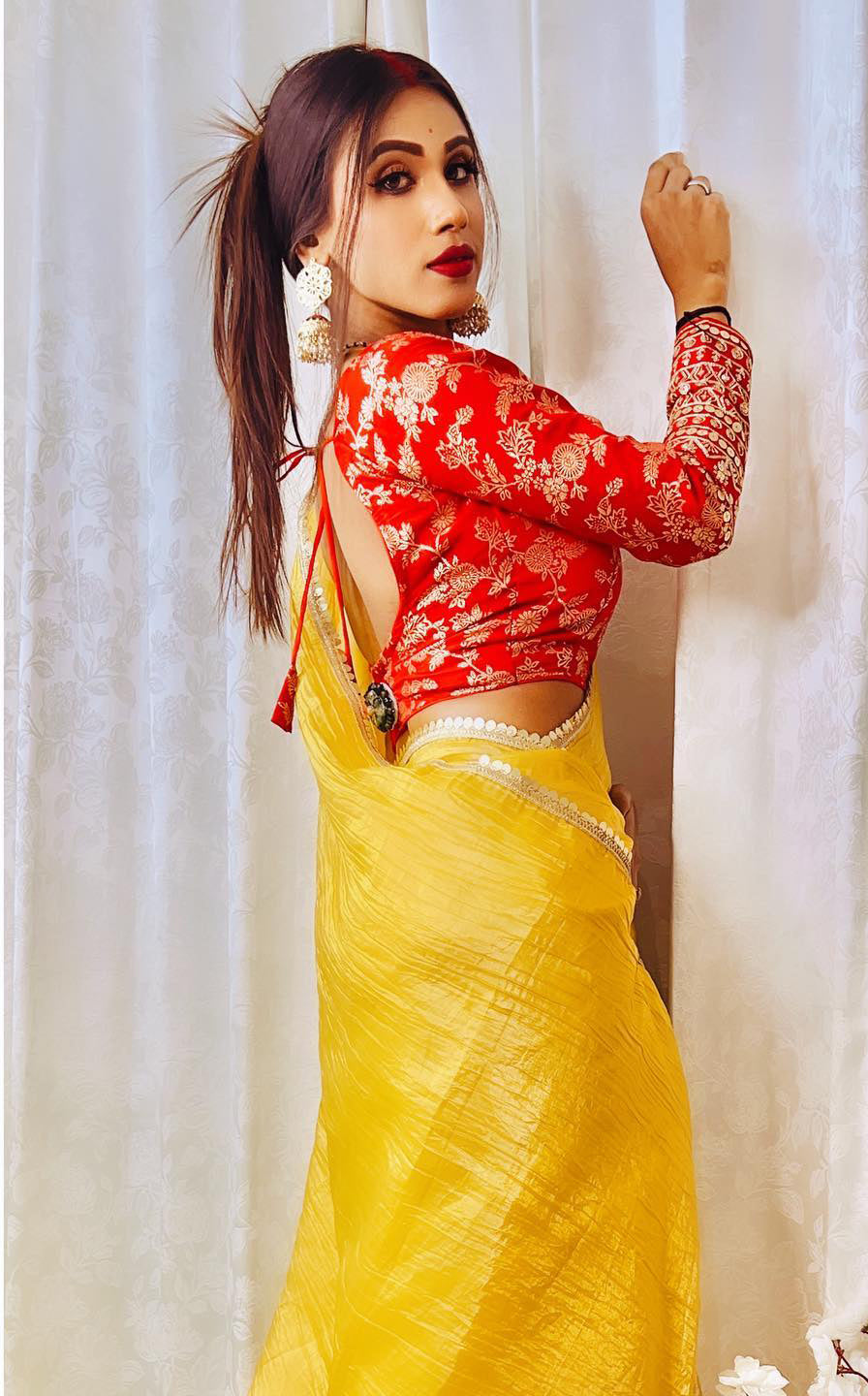 Lorenvalley Fashion Attractive Yellow Crush Tissue Silk Saree With Jacquard Weaving Stitched Blouse | Grocsy
