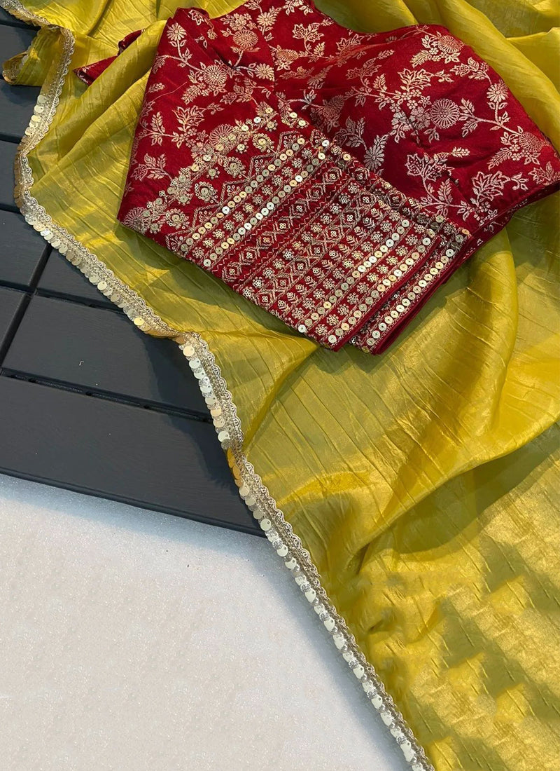 Lorenvalley Fashion Attractive Yellow Crush Tissue Silk Saree With Jacquard Weaving Stitched Blouse | Grocsy