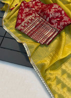 Lorenvalley Fashion Attractive Yellow Crush Tissue Silk Saree With Jacquard Weaving Stitched Blouse | Grocsy