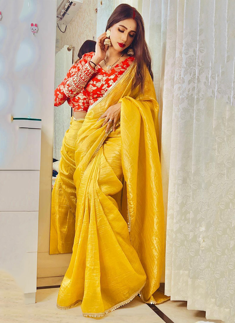 Lorenvalley Fashion Attractive Yellow Crush Tissue Silk Saree With Jacquard Weaving Stitched Blouse | Grocsy
