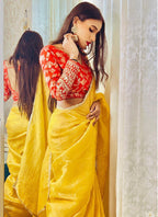 Lorenvalley Fashion Attractive Yellow Crush Tissue Silk Saree With Jacquard Weaving Stitched Blouse | Grocsy