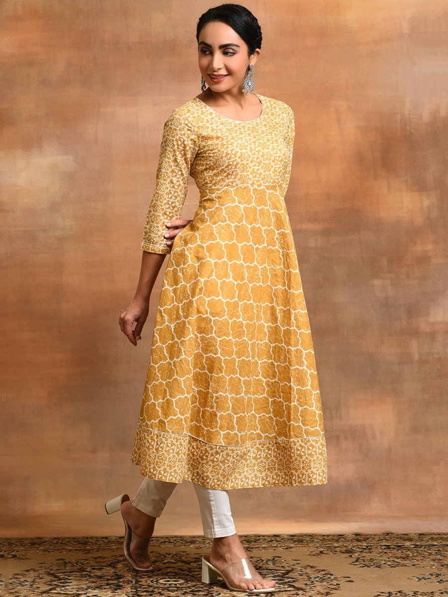 Aks Geometric Printed Cotton Anarkali Kurta | Grocsy