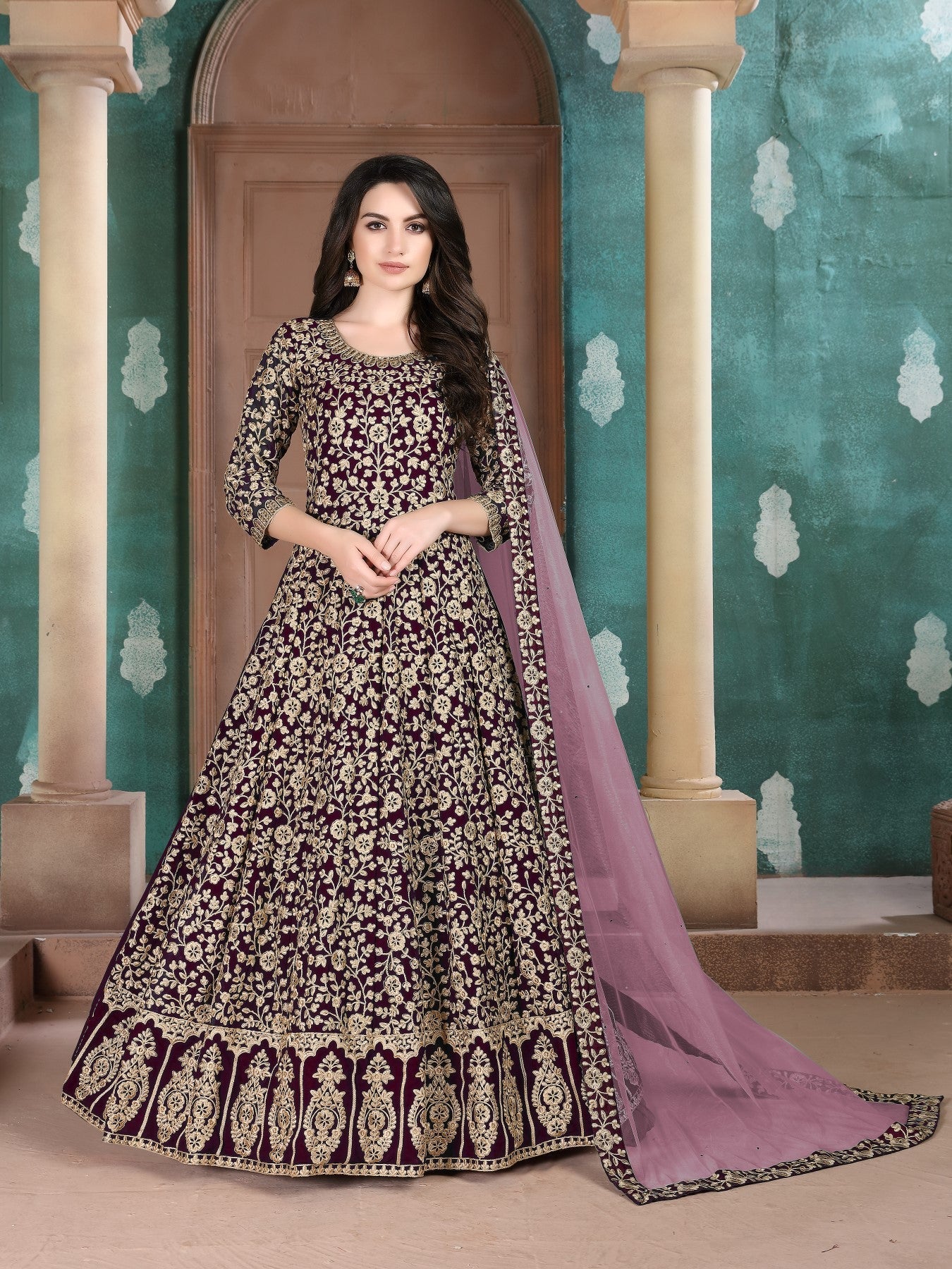 Anaita Purple Embroidered Faux Georgette Anarkali Suit | Grocsy