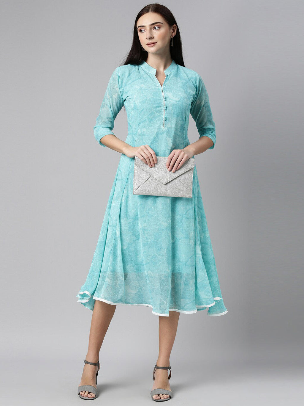Souchii Women Floral Chiffon A-Line Midi Dress | Grocsy