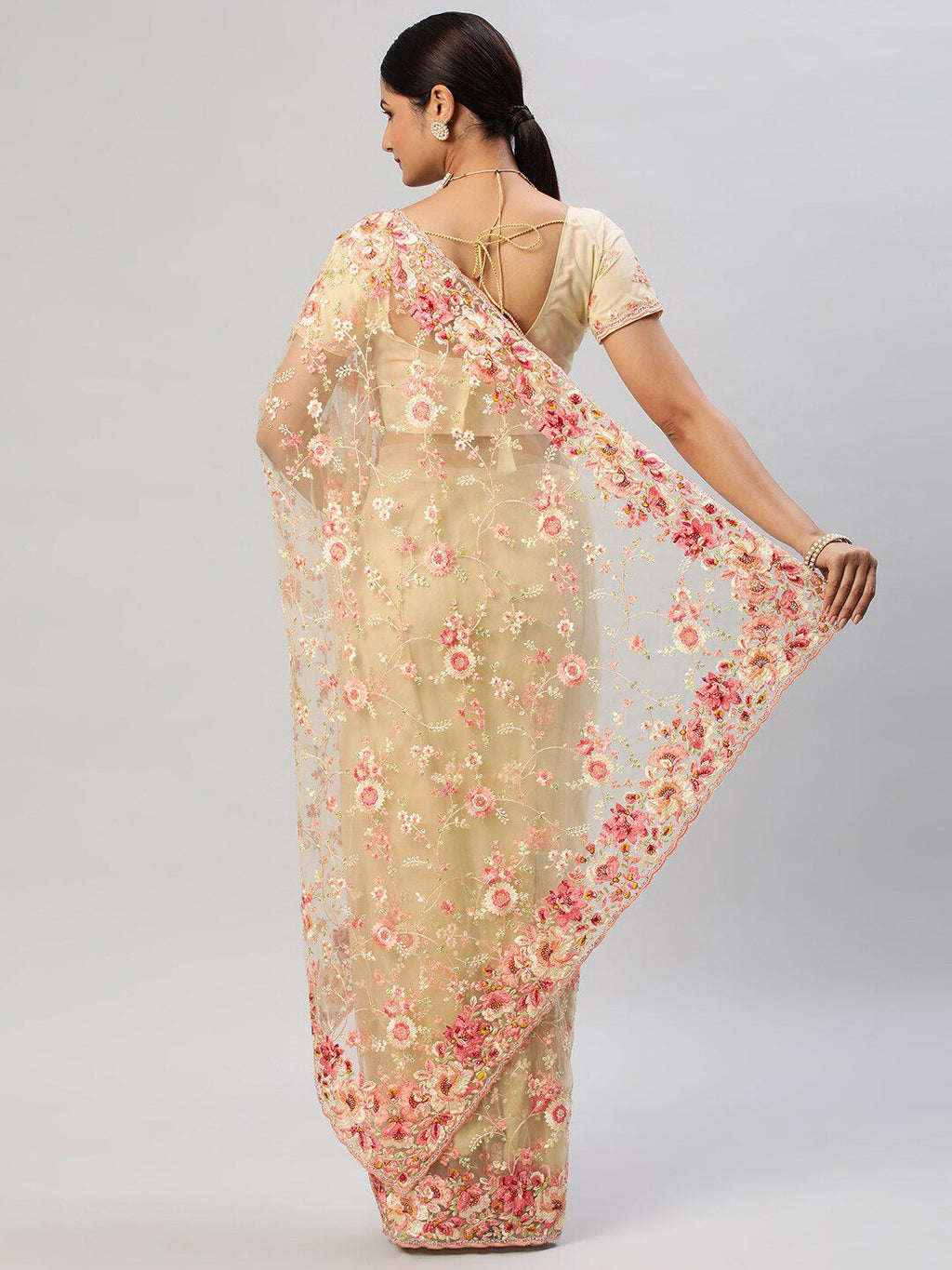 kasee Floral Embroidered Net Saree | Grocsy