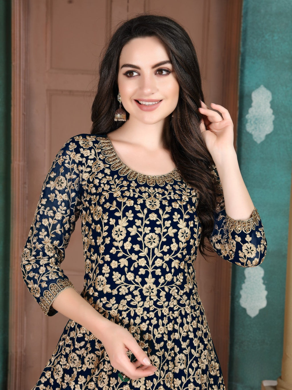 Anaita Navy Blue Embroidered Faux Georgette Anarkali Suit | Grocsy