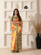 Shivam Fabrics Yellow Linen Fabric Printed Saree | Grocsy