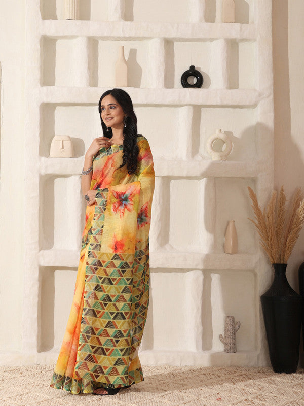 Shivam Fabrics Yellow Linen Fabric Printed Saree | Grocsy