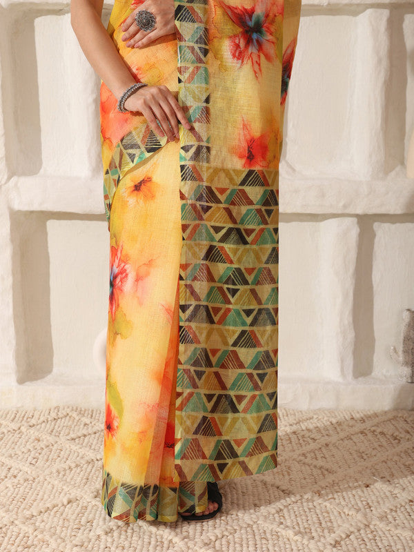Shivam Fabrics Yellow Linen Fabric Printed Saree | Grocsy