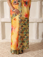 Shivam Fabrics Yellow Linen Fabric Printed Saree | Grocsy