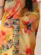 Shivam Fabrics Yellow Linen Fabric Printed Saree | Grocsy