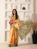 Shivam Fabrics Yellow Linen Fabric Printed Saree | Grocsy