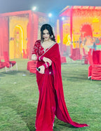 Lorenvalley Fashion Premium Magenta Georgette Satin Saree with Stitched Embroidery Blouse | Grocsy