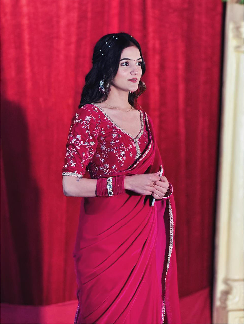 Lorenvalley Fashion Premium Magenta Georgette Satin Saree with Stitched Embroidery Blouse | Grocsy