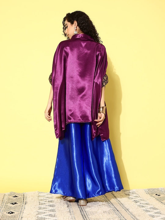 InWeave Women's Wine Navy Brocade Satin Boho Blue Palazzo Set | Grocsy