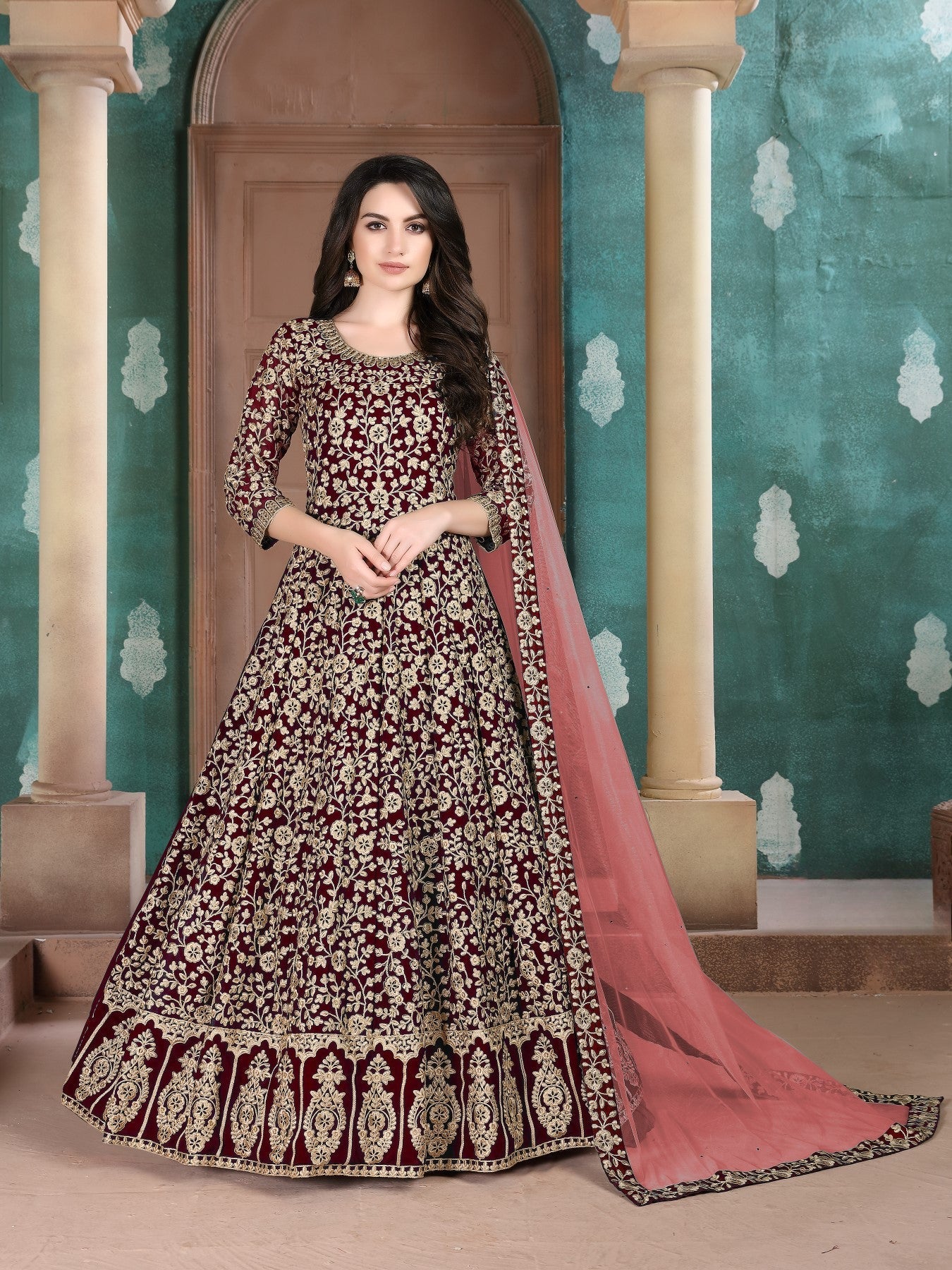 Anaita Maroon Embroidered Faux Georgette Anarkali Suit | Grocsy