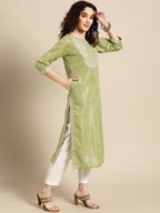 Sangria Women Olive Green Floral Yoke Design Thread Work Pastels Kurta | Grocsy