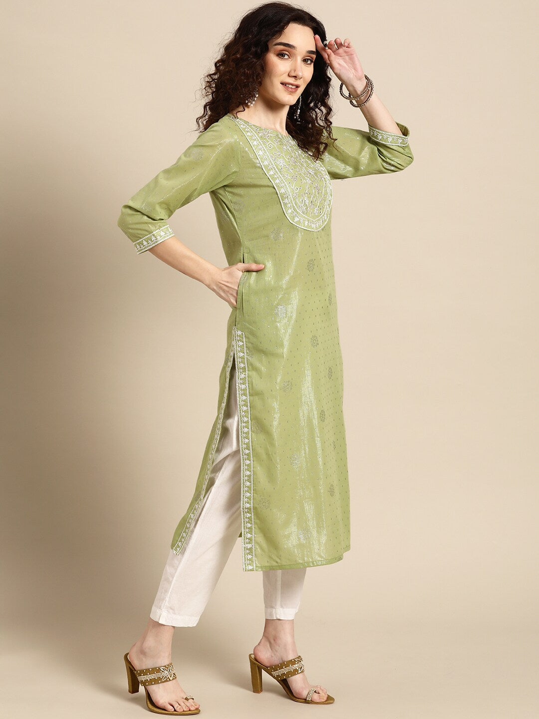 Sangria Women Olive Green Floral Yoke Design Thread Work Pastels Kurta | Grocsy