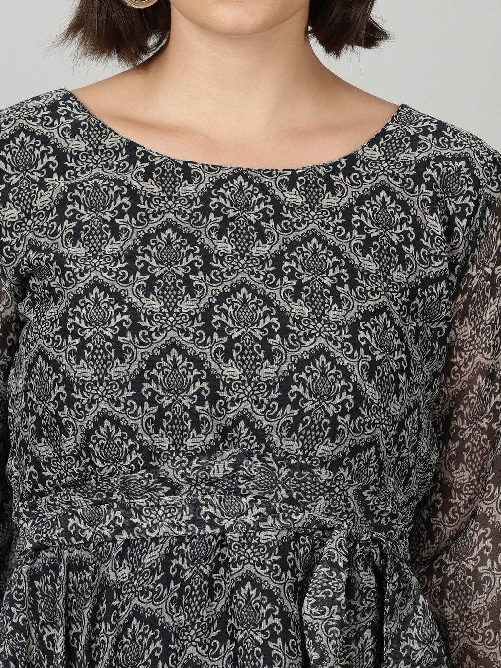 Souchii Women Grey & Black Ethnic Motifs Chiffon A-Line Midi Dress | Grocsy