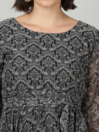 Souchii Women Grey & Black Ethnic Motifs Chiffon A-Line Midi Dress | Grocsy