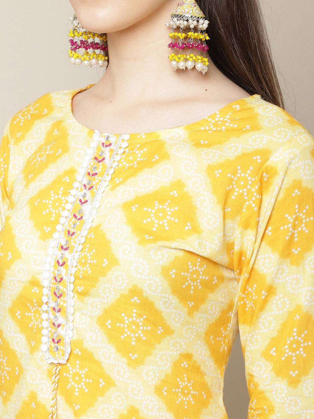 Sangria Women Yellow Printed Thread Work Pure Cotton Kurta with Trousers | Grocsy